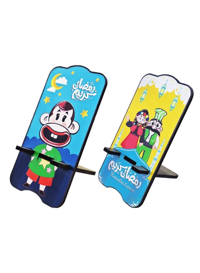 حاملان خشبيان للهواتف المحمولة، قطعتان، بنقوش رمضانية محفورة، حامل مكتبي إسلامي قابل للفصل للهواتف الذكية، قاعدة خشبية طبيعية ثابتة لتزيين المنزل والمكتب وركن الصلاة، هدية رمضانية مثالية - Image 1